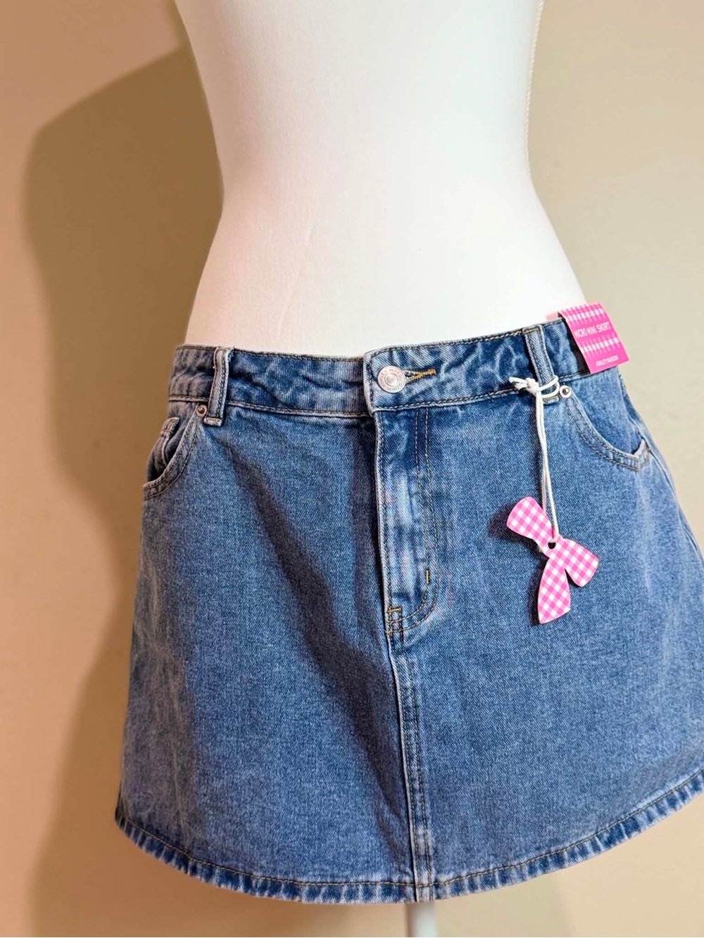 Ashley Mason Blue Denim Mini Skirt with Pink Gingham Bow